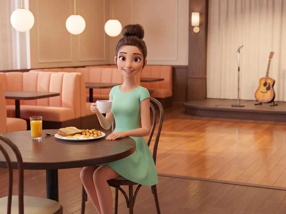 Generated picture of the same character at a round table in a warm lounge with a breakfast plate and a cup of coffee; behind her, an empty stage with a microphone and an acoustic guitar beside a wooden dance floor.